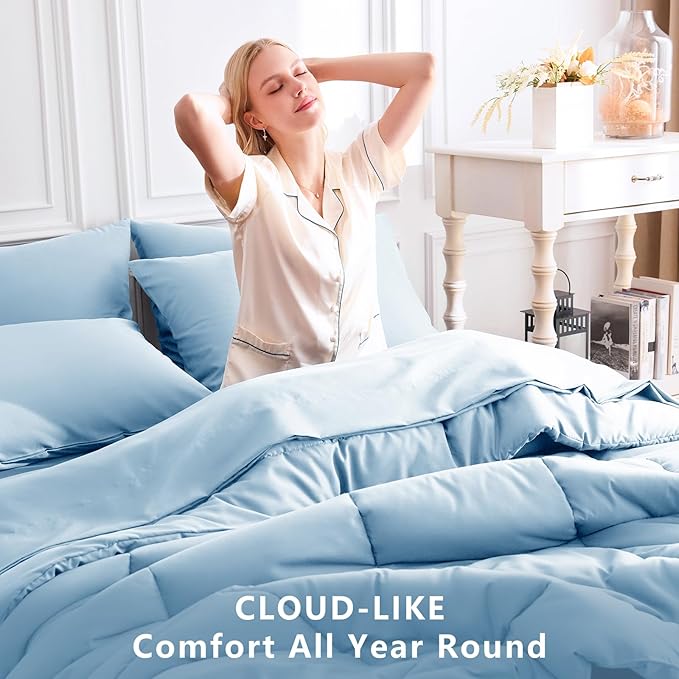 CozyLux Full Size Comforter Set Baby Blue, 7 Pieces Bed in a Bag, Blue Comforter Full Size, All Season Bedding Sets with Stitch Quilted Comforter, Flat Sheet, Fitted Sheet, Pillowcases