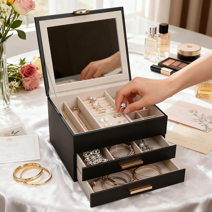 Women's Luxury Jewelry Armoire with Mirror - Compact 2-Drawer Chest with Ring Rolls & Necklace Hooks, Ideal Gift for Women Black - Image 7
