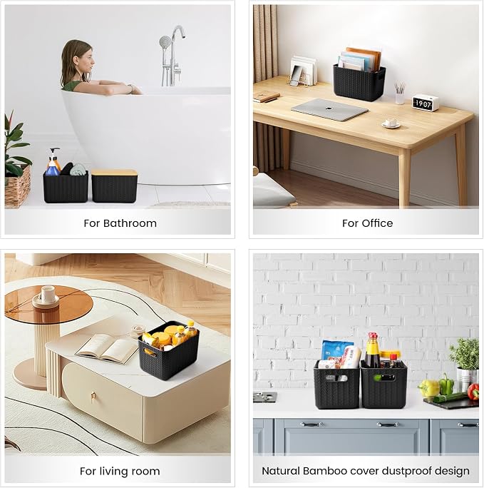 Ohmlove 4 Packs Storage Bins with Bamboo Lids - Plastic Storage Containers with Lids Stackable Storage Box: Storages Baskets for Organizing Desktop Closet Playroom Classroom Office, Black - Image 7