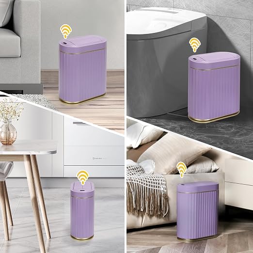 ELPHECO Bathroom Trash Can with Lid Butterfly, Motion Sensor Trash Can Bathroom Decor Automatic Garbage Can Wastebasket Bathroom Accessories, Kitchen, Living Room, Office, Purple Gold - Image 2