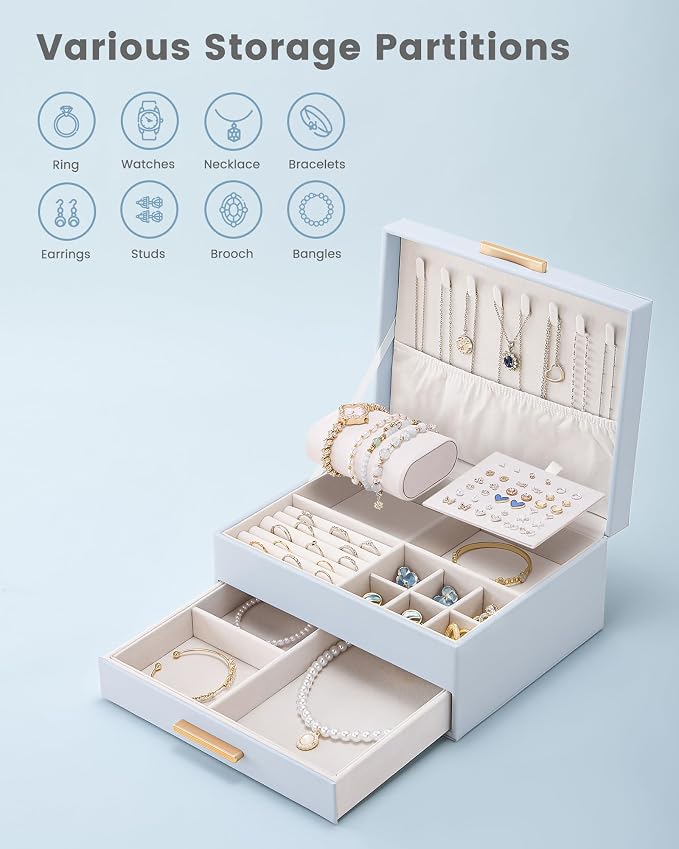 Lolalet 2-Layer Jewelry Box Organizer for Women Girls, Jewelry Storage Case Holder with Drawers for Necklaces Ring Earrings Bracelet Watch, Gifts Choice for Mom Mother’s Day -Blue - Image 4