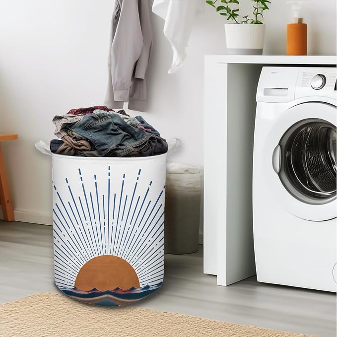 Boho Laundry Basket, Mid Century Modern Boho Terracotta Sun Sea Wave Waterproof Collapsible Laundry Hamper Dirty Clothes Storage Toy Bin Organizer for Bathroom Bedroom Nursery Girls Kids Room - Image 2