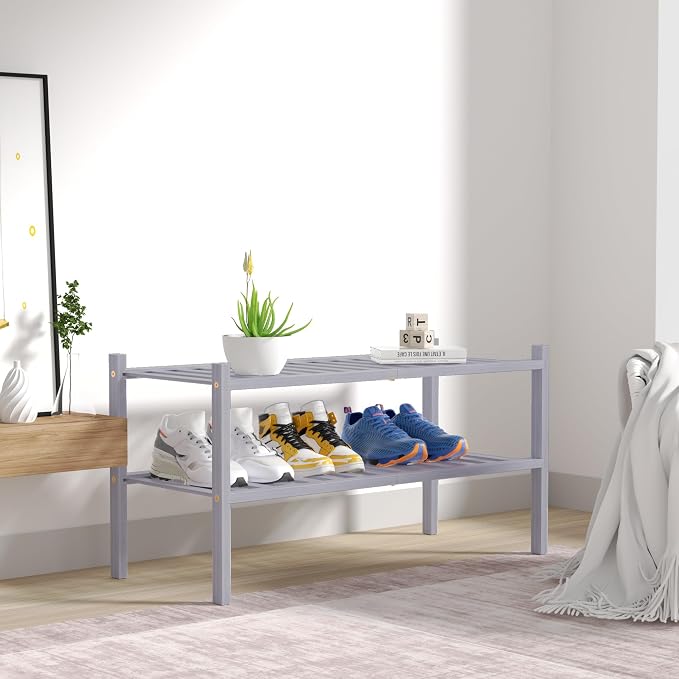 ROMGUAR CRAFT 2 Tier Bamboo Shoe Rack for Closet Free Standing Wood Shoe Shelf for Entryway Small Space Stackable 27"x11"x13" (Grey) - Image 7