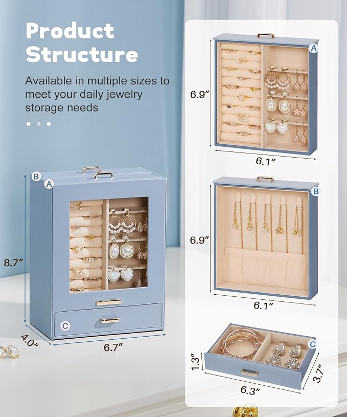 Homde Jewelry Organizer Girls Women Jewelry Box for Necklaces Rings Earrings Gift Bracelets Storage Case (Grey Blue + Gold) - Image 3