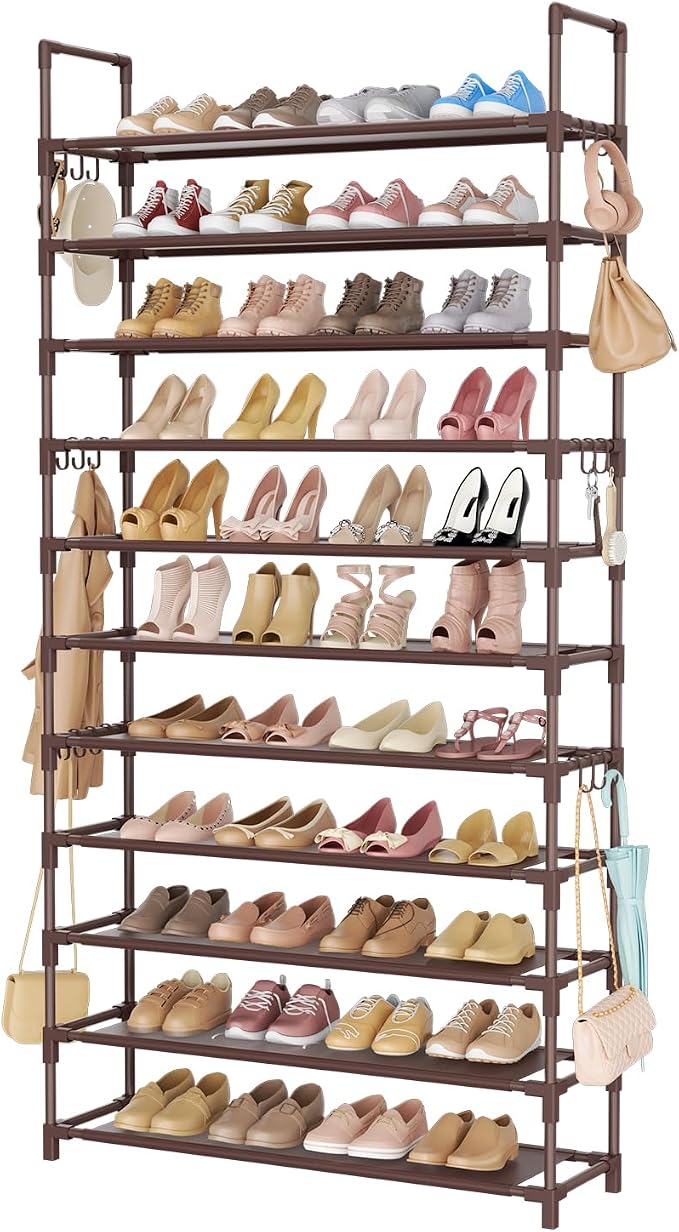 LANTEFUL 11 Tiers Tall Shoe Rack Holds 55 Pairs of Shoes with 18pcs Hooks Sturdy Wide Shoe Organizer Storage Free Standing Metal Shoe Shelf for Closet, Entryway Brown by LANTEFULforTidyingHouse