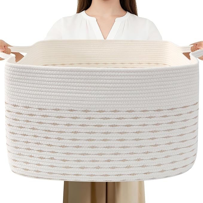 96L Large Blanket Basket,24"x16"x15"Rectangle Storage Bin with Handles,Woven Rope Laundry Basket for Toys, Clothes,Magazines,Home Organization,Nursery,Living Room & Bedroom,White&Yellow by HZFTJOY