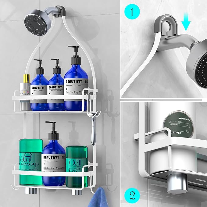 Meangood Shower Caddy Over Shower Head, White Anti-Swing Hanging Shower Caddy with 4 Remove Hooks for Razor, Sponge, Towels Rustproof Shower Organizer for Bathroom - Image 4