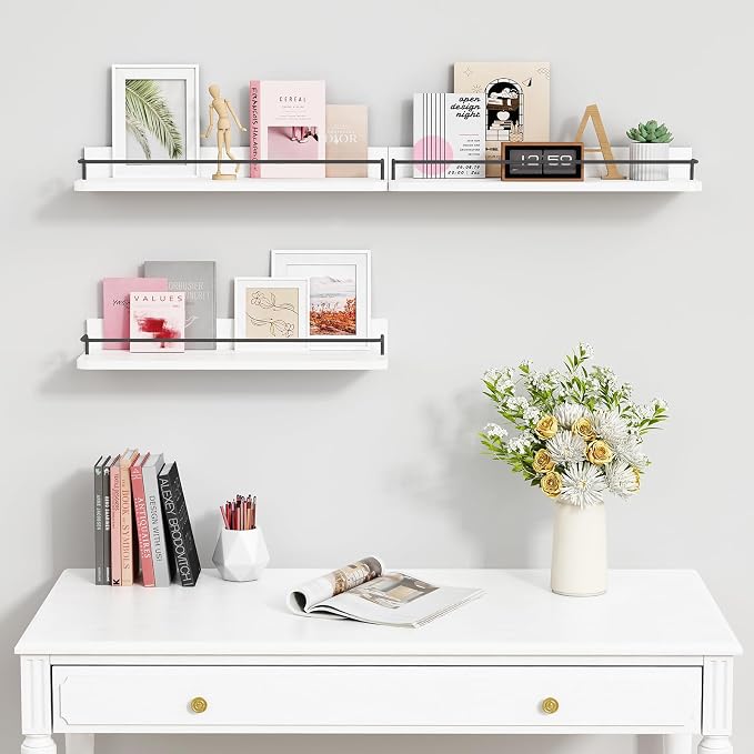 Forbena White Floating Shelves Bathroom Shelves Over Toilet Set of 3, Bathroom Organizers and Storage Shelves Wall Mounted, Modern Wood Corner Wall Shelf for Bedroom Closet -White and Dark Grey - Image 6