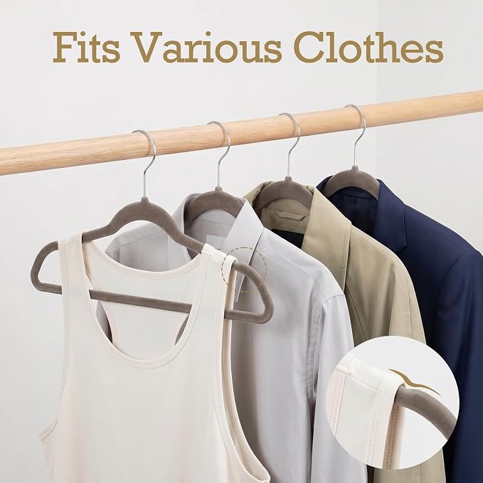 HOUSE DAY Taupe Velvet Hangers 60 Pack, Non Slip Clothes Felt Hanger Heavy Duty for Coat, Premium Slim Space Saving Suit Hangers for Closet Organizer, 360° Rotating Silver Hook - Image 5