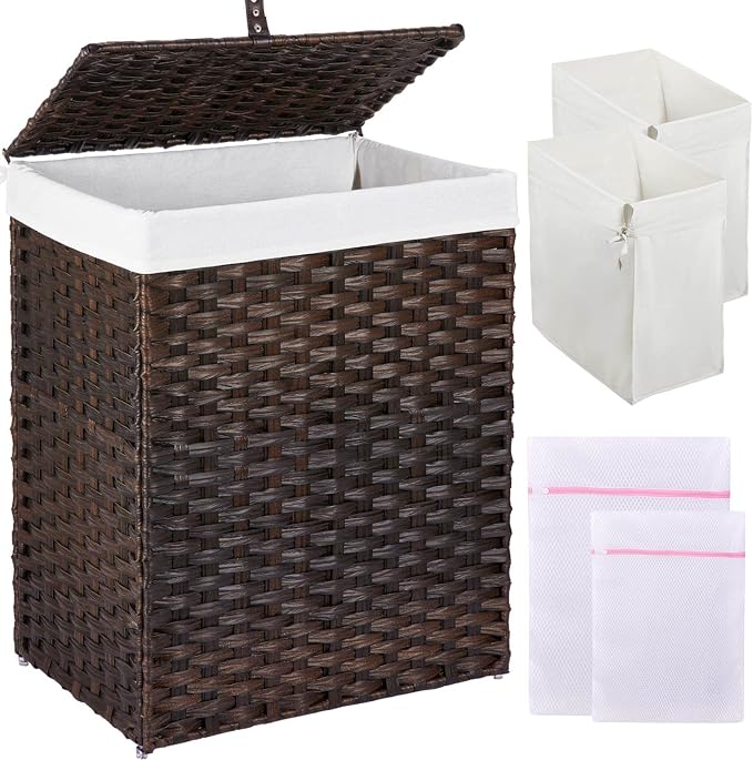 Greenstell Laundry Hamper with Lid, 90L Clothes Hamper with 2 Removable Liner Bags & 2 Mesh Laundry Bags, Handwoven Synthetic Rattan Laundry Basket for Clothes, Toys in Bathroom, Bedroom Brown by Greenstell