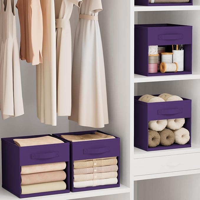 DIMJ Cube Bins, 12.2-Inch Storage Bins Cubes with Window, 6 Packs Collapsible Storage Bins with Handles, Closet Storage Baskets for Organizing Living Room, Office, 6 Pack,Purple - Image 5