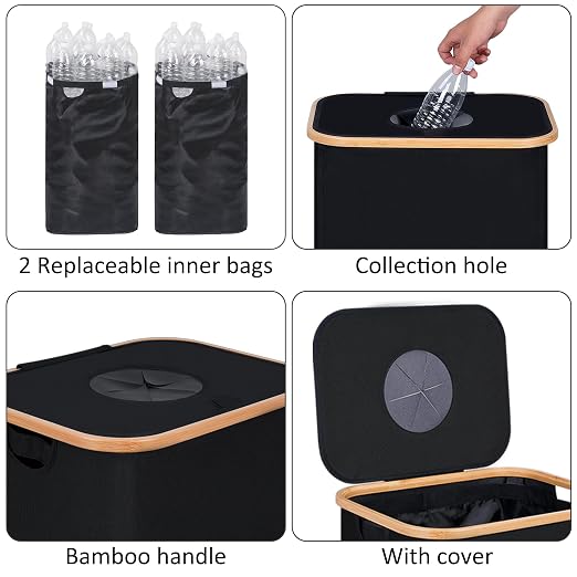 iEGrow 29 Gallons Recycling Bins for Kitchen, Indoor Recycle Bins with Lid, 110L Large Recycle bin with 2 Removeable Reusable Inner Bags, for Bottles Cans Glass Plastice Cartons(Black) - Image 2