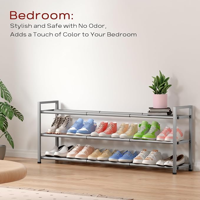 Bumusty 3-Tier Long Expandable Shoe Rack for Closet, 18"-44" Adjustable Shoe Rack for Entryway, 15-18 Pairs Large Shoe Organizer Shelf Storage, Sturdy Metal, Light Grey - Image 6