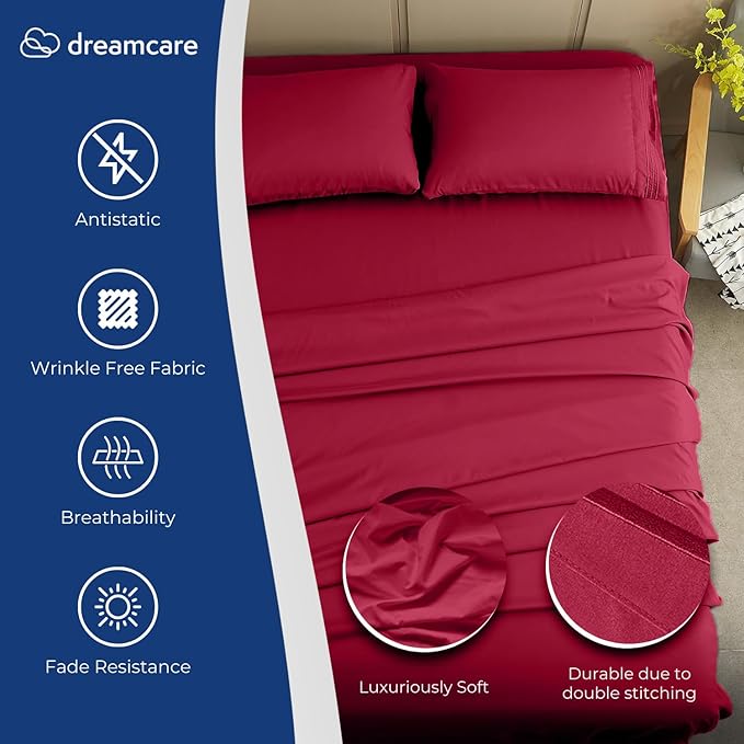 DREAMCARE Twin XL Sheet Sets - 4 pcs Breathable Cooling Bed Sheets - up to 15" Deep Pocket Twin XL Sheets Set with Side Pockets - Extra Soft 100% Brushed Hypoallergenic Hotel Luxury Bedding - Burgundy