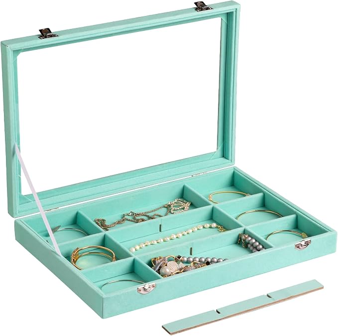 Frebeauty Velvet Jewelry Tray,12 Grid Jewelry Organizer with Clear Lid,Bracelets Holder,Jewelry Display Case with Clasp,Drawer Insert Bangle Brooch,13.8 x 9.5 x 2 Inches,Gift for Women Girl(Turquoise) - Image 5