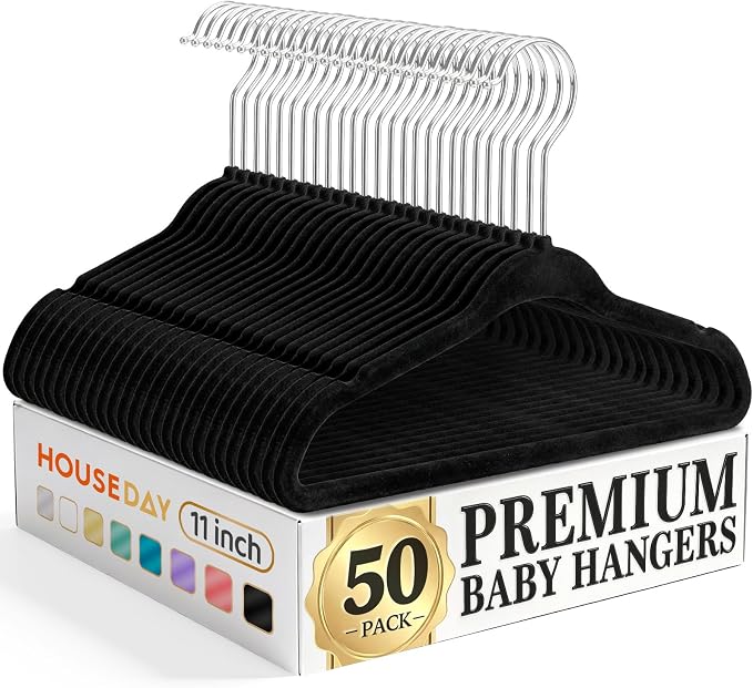 HOUSE DAY 11 Inch Velvet Baby Hangers 50 Pack Black, Premium Kids Hangers for Children/Infant/Toddler Clothes, Durable Non Slip Small Baby Felt Hanger for Closet, Ideal for Everyday Use by HOUSEDAY