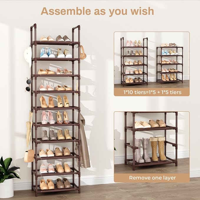 VTRIN 10 Tiers Tall Shoe Rack Holds 20-25 Pairs of Shoes Sturdy Vertical Shoe Organizer with 18pcs Hooks Stackable Narrow Shoe Rack for Closet, Entryway Brown - Image 5