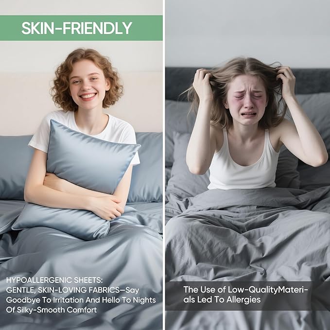 Luxury Organic Tencel & Viscose from Bamboo Cooling Sheet Set,Silky Soft Lyocell Sheets with Deep Pocket, Hypoallergenic & Breathable Bedding with Pillowcases (Sterling Blue, Queen)
