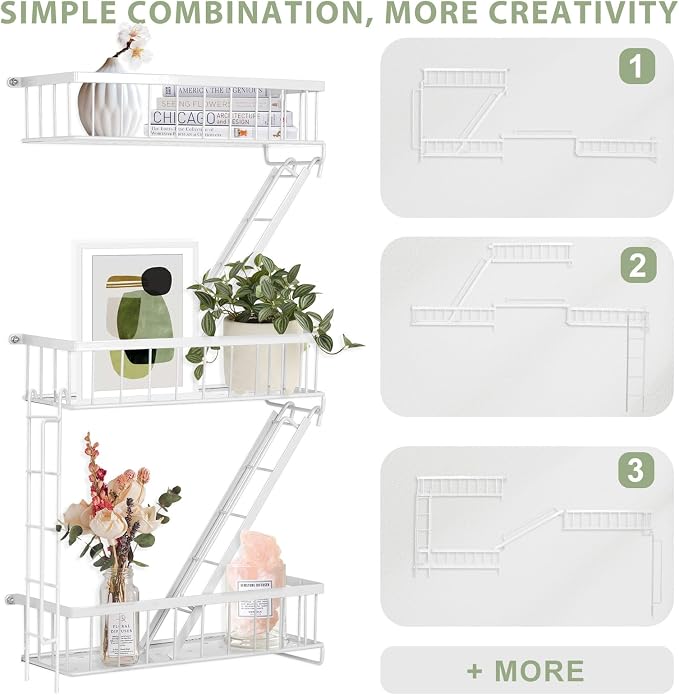 SweetSage Fire Escape Shelf - 3 Tier White Wall Display Floating Shelves, Metal Decorative Shelving for Bedroom, Home Décor, Action Figure Display - Image 6