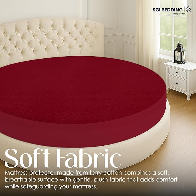 SGI Bedding Waterproof Round Mattress Protector 80" Diameter– 15" Deep Pocket Fitted Style Terry Cotton Mattress Pad Cover, Soft, Breathable & Noiseless, Spills & Stains Bed Protection – Burgundy