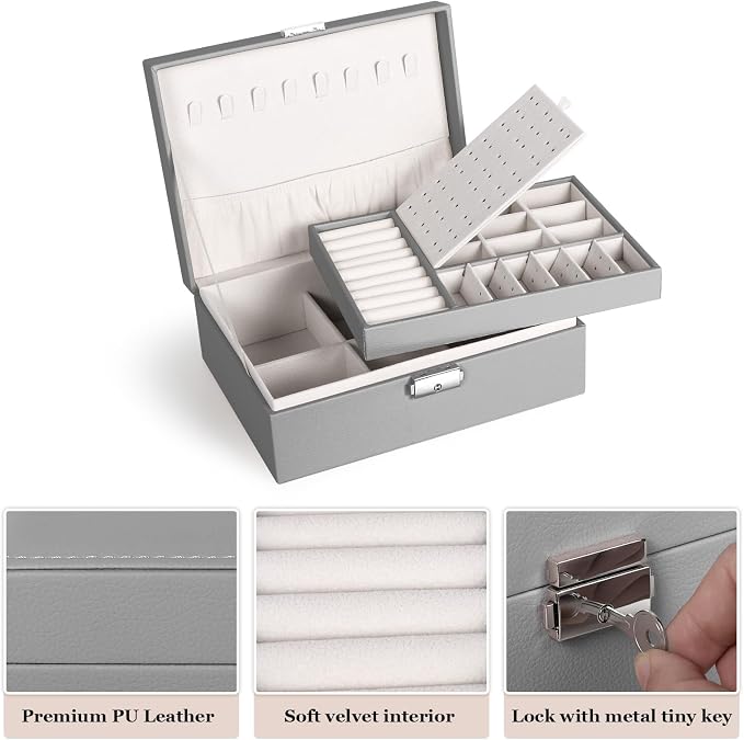 Jewelry Box for Women Girls, 2 Layers Jewelry Organizer Container with Lock, PU Leather Storage Case with Removable Tray, Jewelry Display Box for Necklaces Earrings Bracelets Rings Watches (Grey) - Image 4