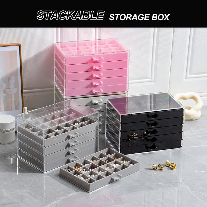 YUFONG Earring Storage Box Organizer, Acrylic Jewelry Storage Box Holder 5 Drawers Transparent Jewelry Display Stand with 120 Small Compartments Gift Boxes for Women Girls (Pink) - Image 7