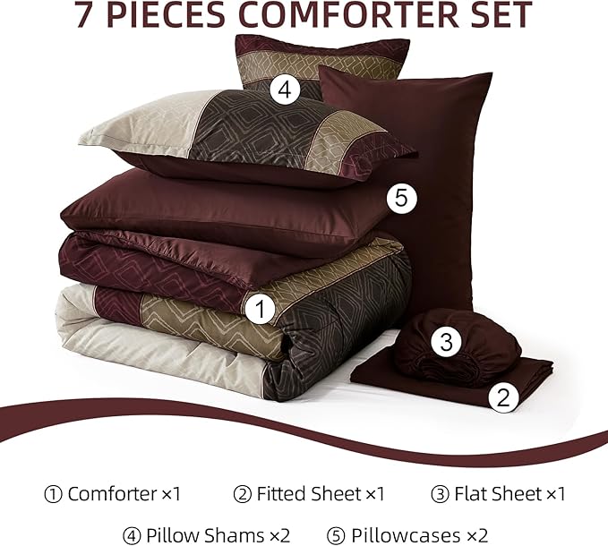Dinjoy Burgundy King Size Comforter Set,Striped Boho Bed in a Bag King 7 Pieces Soft Fall Bedding Comforters Sets wiht Sheets Microfiber Complete Bed Sets for All Season