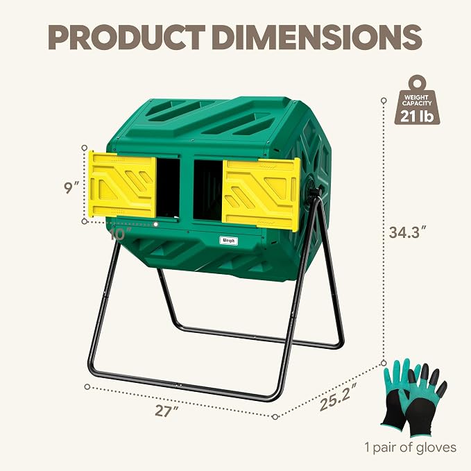 Werph 43 Gallon Compost Bin with Gloves, Fast Assembly & Easy Setup Outdoor Compost Tumbler, Updated Dual Chamber Tumbling Composter for Garden, Kitchen, and Yard Waste, Green - Image 3