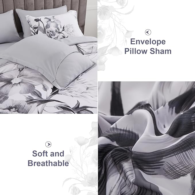 Luxudecor Floral Comforter Set Full Size 7 Piece, Black Flower Bed in a Bag, Elegant Ink Comforter Bedding Set for All Season (Ink, 80"x90")