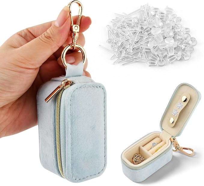 Velvet Mini Travel Jewelry Case, 2 in 1 Ring Holder Keychain + 50 Plastic Earrings, Portable Small Jewelry Organizer for Women, Travel/Gym/Wedding/Bridesmaid Gift - Image 7