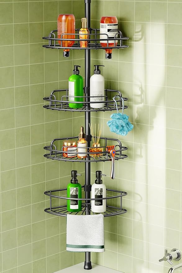 HAMITOR Corner Shower Caddy Tension Pole: 4-Tier Rust-Resistant Adjustable Bathroom Organizer Shelves - 47-121 Inch No-Drill Quick Installation - Space-Saving Storage for Renters Families - Black by HAMITOR