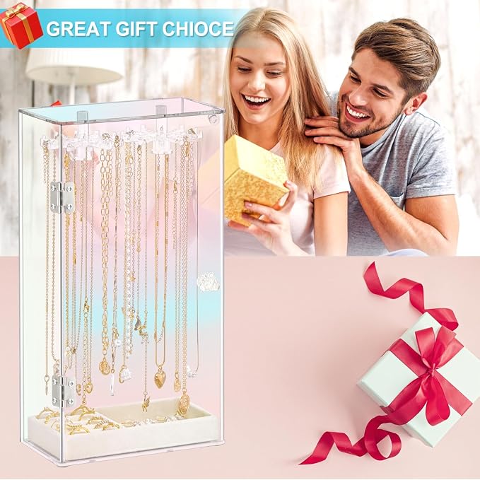 Cirhy Iridescent Acrylic Necklace Holder, Necklace Organizer with 24 Rotatable Hooks, Rainbow Jewelry Organizer Display Box with Velvet Tray for Long Necklaces Pendant Bracelets Rings Earrings - Image 4