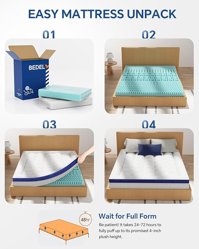 BEDELITE Twin XL Mattress Topper College Dorm Room Essentials, Dual Layer 4 Inch Memory Foam Mattress Topper, Pilow Top Mattress Pad and Premium Gel Foam Mattress, Fits Twin XL Mattress