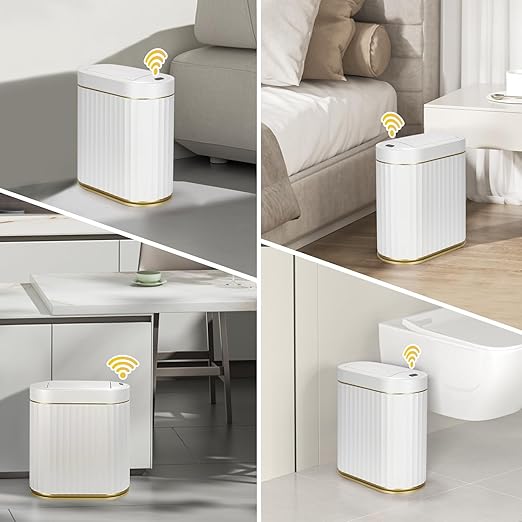 ELPHECO Bathroom Trash Can with Lid Butterfly, Motion Sensor Trash Can Bathroom Decor Automatic Garbage Can Wastebasket Bathroom Accessories, Kitchen, Living Room, Office, White Gold - Image 2