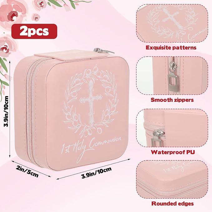 2 Pcs First Communion Travel Jewelry Box, Small Pink Case with Zipper & Soft Lining, Christian Keepsake Organizer for Rings Earrings Necklaces, Religious Keepsake Gift for Girls (2, Pink) - Image 2