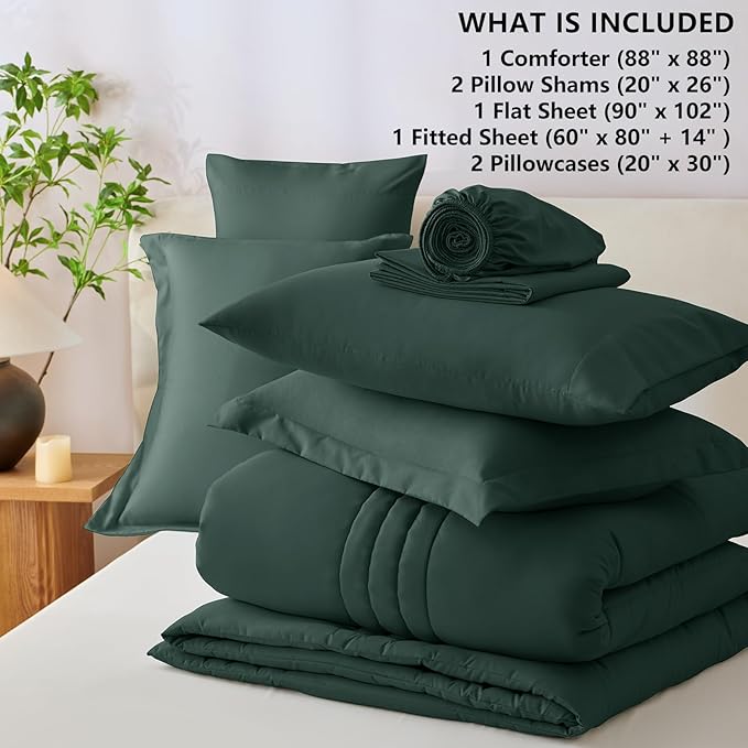 CozyLux Queen Comforter Set - 7 Pieces Bed in a Bag Forest Green Comforter Set with Sheets Luxury Bed Set All Seasons, Soft Bedding Set with Down Alternative Comforter, Sheets, Pillowcases & Shams