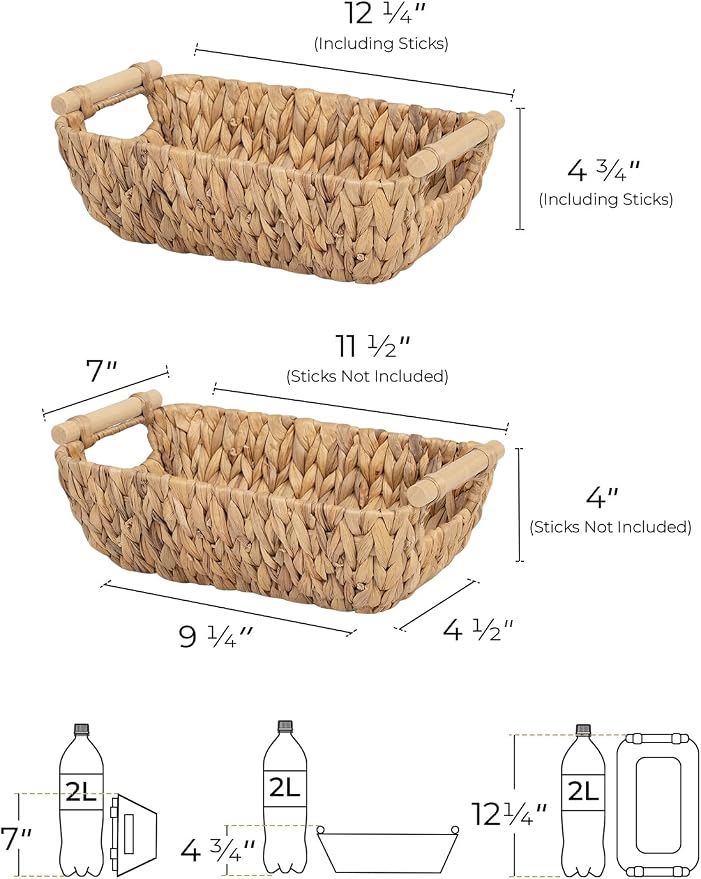 StorageWorks Hand-Woven Small Wicker Baskets, Water Hyacinth Storage Baskets with Wooden Handles, 2-Pack - Image 2
