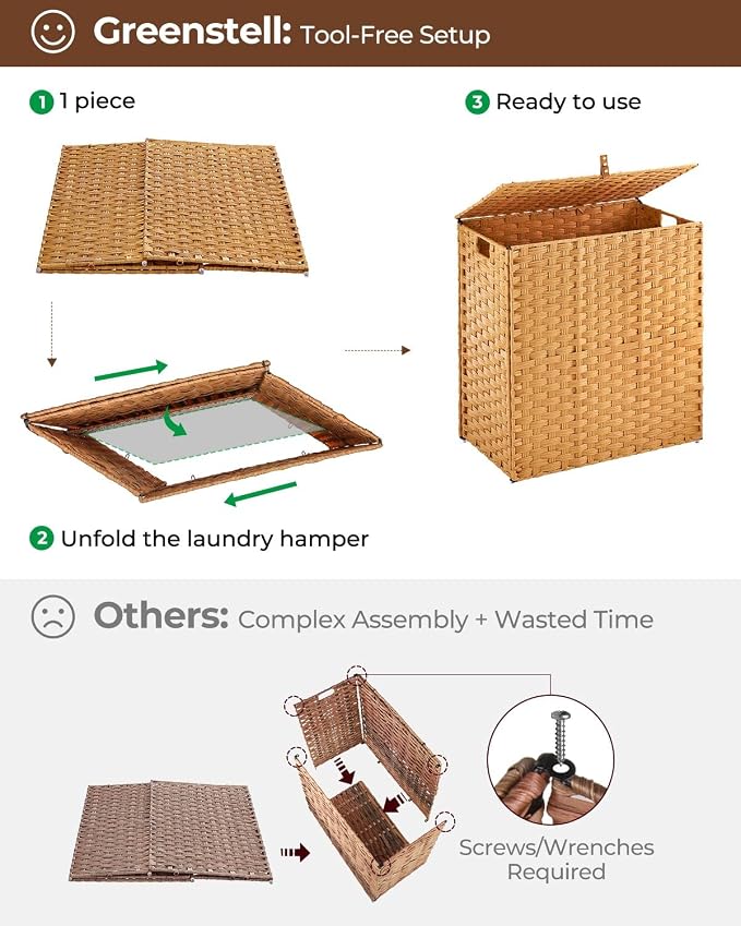 Greenstell Laundry Hamper with lid, No Install Needed, 110L Wicker Laundry Baskets Foldable 2 Removable Liner Bags, 2 Section Clothes Hamper Handwoven Rattan Laundry Basket with Handles, Natural - Image 6