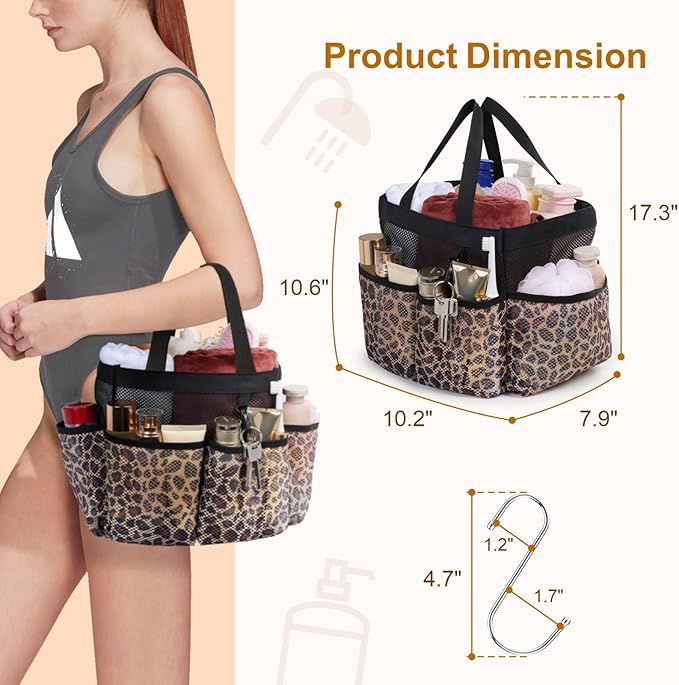 F-color Shower Caddy Portable - Mesh Shower Bag Basket Tote for College Dorm Room Essentials Bathroom Gym Camp Quick Dry for Women Men with S Hook, Leopard - Image 4