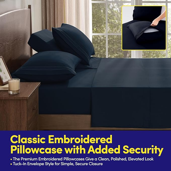Split Head King Sheets Set for Adjustable Beds 4 Piece Flex Top Bed Sheets – Deep Pocket Split Top Fitted Sheet with Built-in Corner Straps, Luxury Soft Cooling Bedding, Wrinkle Resistant, Navy