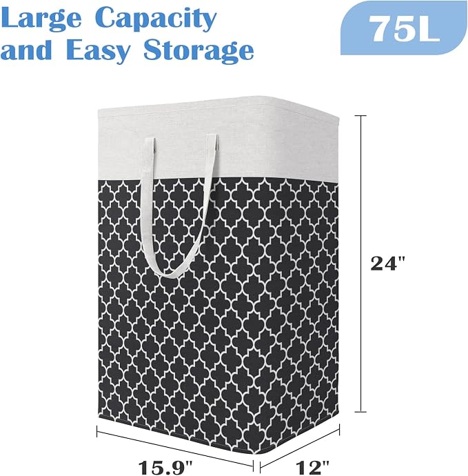 BlissTotes 3-Pack Laundry Basket, Freestanding＆Waterproof Laundry Hamper, Collapsible Tall Clothes Hamper with Easy Carry Handles for Clothes, Towels in the Family and Dorm,Clover Black,75L - Image 2