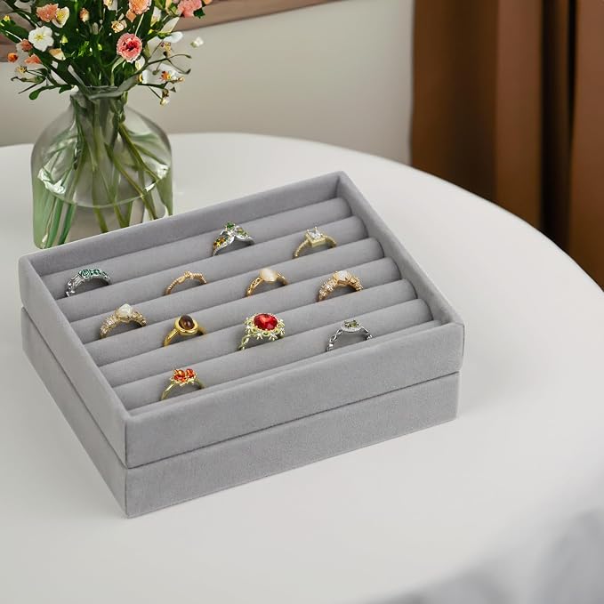 Fordonral Velvet Jewelry Organizer Box, Jewelry Drawer Organizers Trays, Earring Ring Necklace Holder Display Case (Gray, Ring+6 Grid Trays) - Image 6