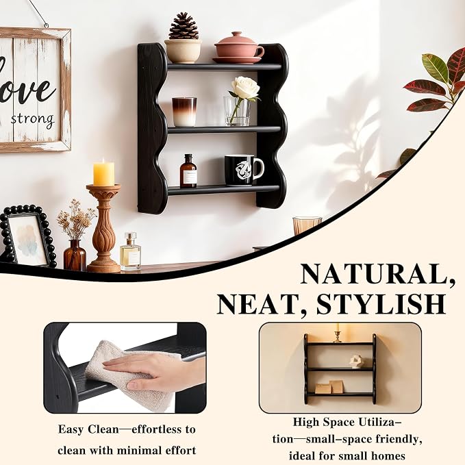 100% Solid Wood Floating Shelf, Vintage Wall Shelves Wall Mounted Storage Rack 3-Tier, Farmhouse Decor Hanging Shelf Display Shelves for Apartment, Living Room and Bedroom - Image 3