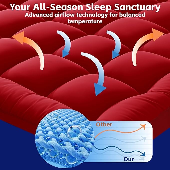 Quilted Mattress Pad Pillow Top Mattress Cover Protector Cooling Soft for Breathable Padded Deep Pocket 8-21 Fitted Supportive(Red,Full Size)