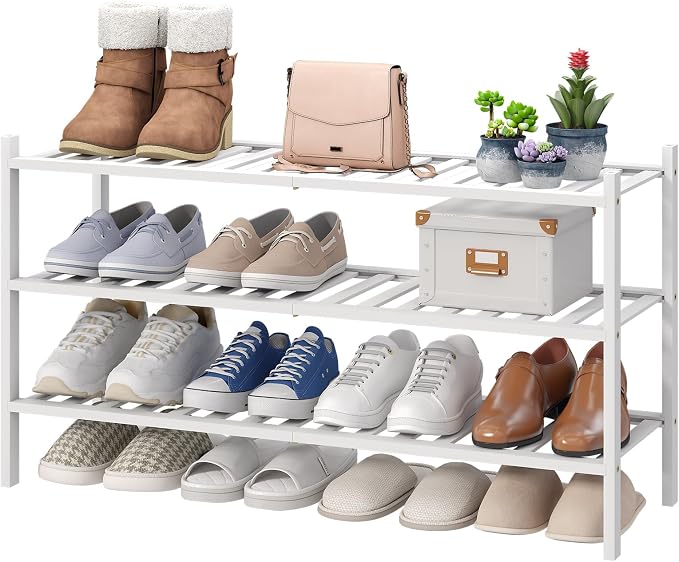viewcare 3-Tier Long Shoe Rack, Bamboo Wood Shoe Rack for Closet, Entryway & Hallway, Stackable White Shoe Shelf Storage Organizer for Indoor Outdoor by VIEWCARE