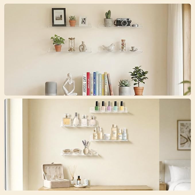 Lifewit Floating Shelves for Bathroom, Acrylic Wall Organizer for Perfume, Makeup, Figures, Nail Polish, Photo, Book, 14" Decor Display Rack for Nursery, Living Room, Bedroom, Kitchen, Clear, 4 Pack - Image 7
