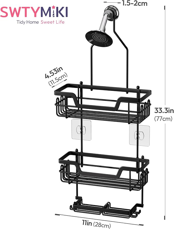 SWTYMIKI Bathroom Shower Caddy Hanging - 3 Tier Rustproof Over Shower Head Organizer, No Drilling Bathroom Shelf with 16 Hooks & Soap Holder, Anti-Swing Rack for Shampoo,Sponge,Towel, Black, Large - Image 7