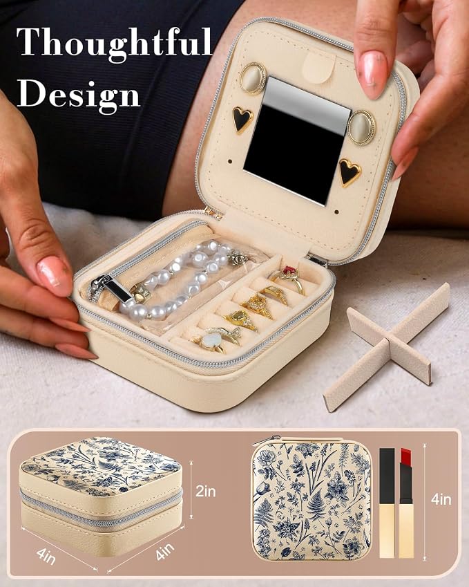 Bistup Travel Jewelry Case - Small Jewelry Organizers and Storage Box for Women Girls Teens Cute Traveling Jewelry Holder with Mirror Little Tiny Compact Modern Unique Aesthetic Pretty, Blue Floral - Image 2