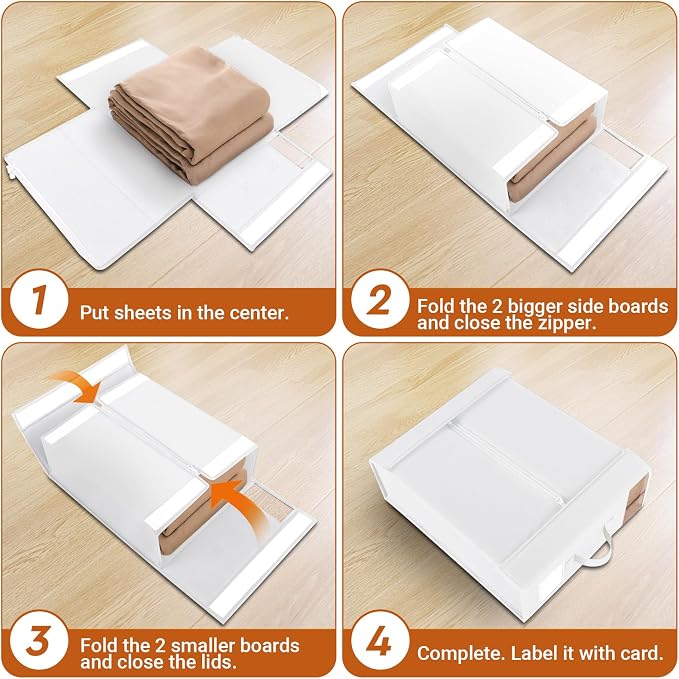 StorageTastic 4 Pack Bed Sheet Closet Organizers and Storage,Sturdy Foldable Storage Containers with Window and Label,Storage and Organization for Bedding Sheets,Duvet Covers,Blankets (White) - Image 4