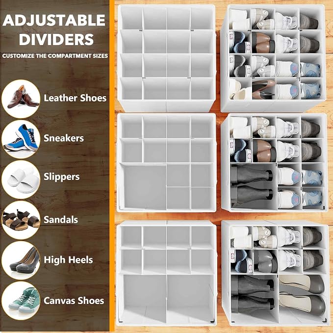 SpaceAid Shoe Organizer for Closet, 2 Pack Foldable Shoe Storage Containers Baskets Boxes Bins w/Adjustable Dividers, Fits 16-32 Pairs, White - Image 3
